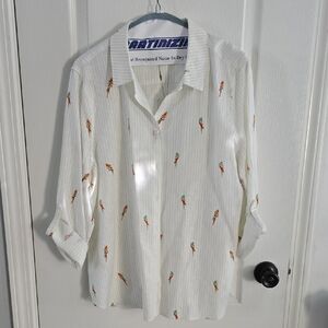 Chico's Cream Button Down Shirt with Orange and Green Accents